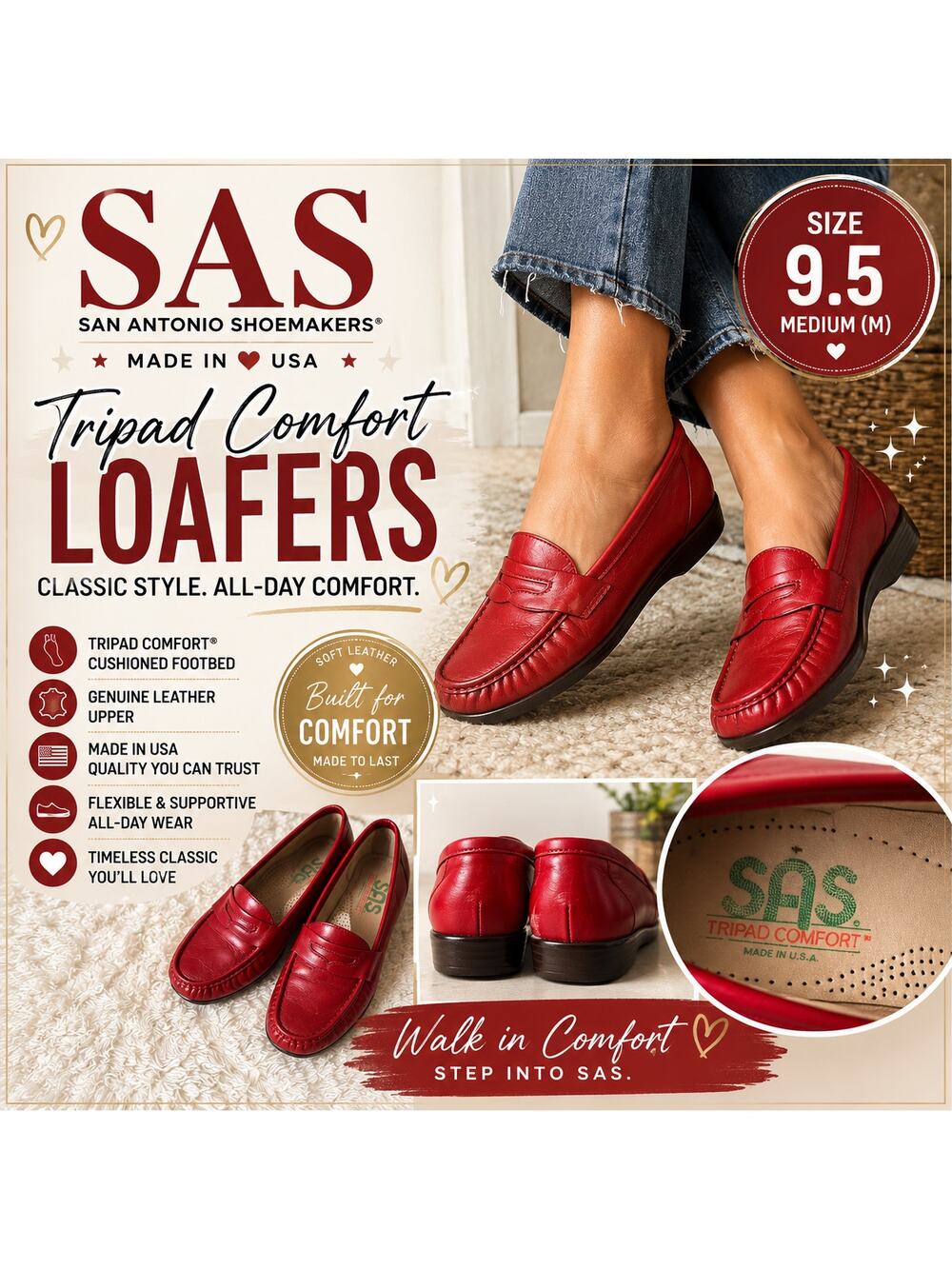SAS Red Rare Color Leather Penny Loafers Tripad Comfort USA Made Size 9.5